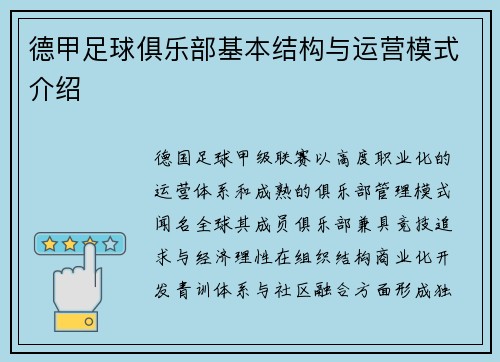 德甲足球俱乐部基本结构与运营模式介绍